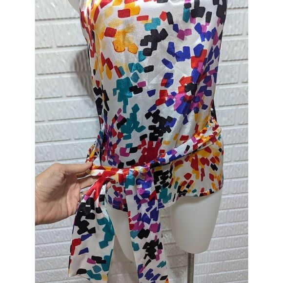 C'est City Women's Multi-Color Tie-Waist Black Knit Back Sleeveless Silk Top Siz - Picture 5 of 10